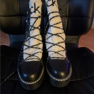 Calvin Klein Women's Alania Black and Faux Fur Cream Lace Up Boots